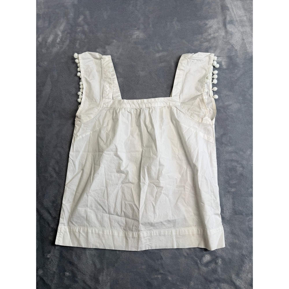 J.Crew Tank Top Womens 2 White Cotton Stretch Casual Square Neck Poplin Pom Pom